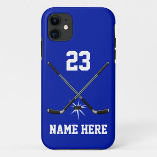 Blue and White Tough Ice Hockey Player Phone Cases