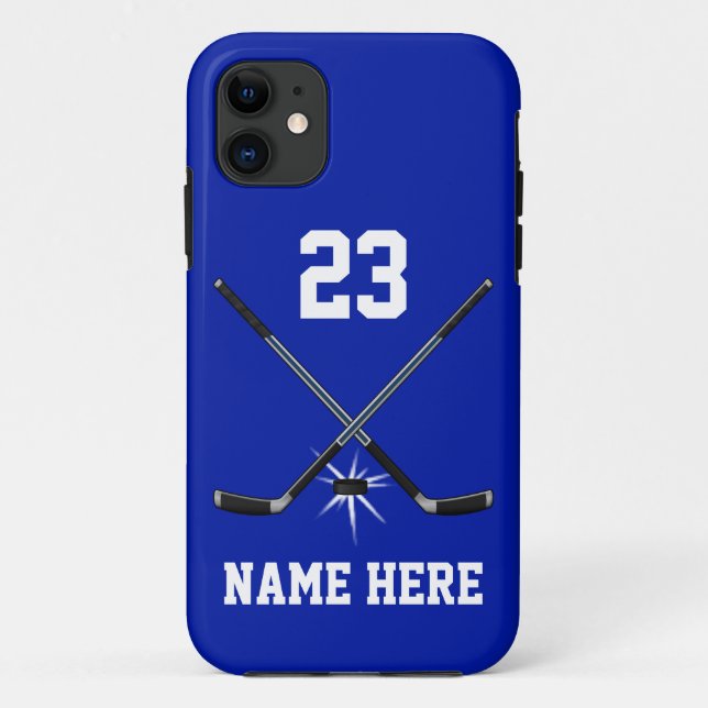 Blue and White Tough Ice Hockey Player Phone Cases (Back)