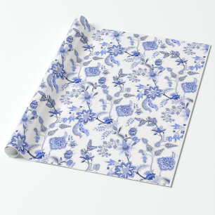 Blue and White Traditional Chintz Pattern Wrapping Paper