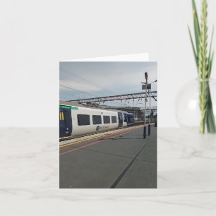 Blue and white train card