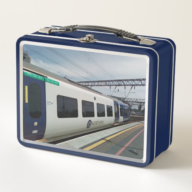 Blue and white train  metal lunch box (Front)
