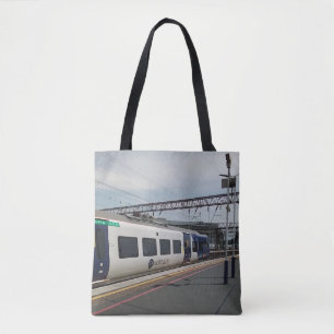Blue and white train tote bag