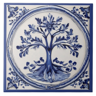 Blue and White Tree Rustic Nature Country Ceramic Tile