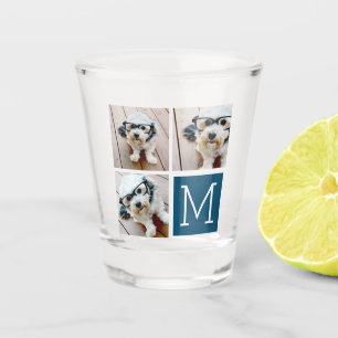 Blue and White Trendy Photo Collage with Monogram Shot Glass