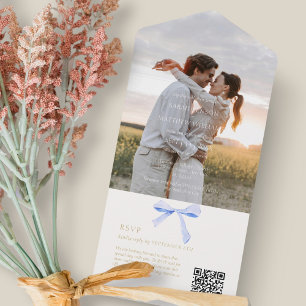 Blue and White   Trendy Ribbon Wedding OR All In One Invitation