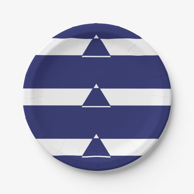 Blue and white triangle shaped paper plate (Front)