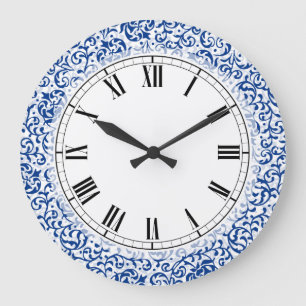 Blue and White Tudor Rose Damask Large Clock