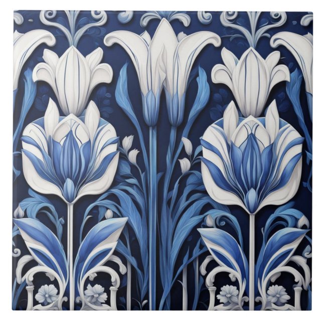 Blue and White Tulips Art Deco Art Nouveau Flowers Ceramic Tile (Front)