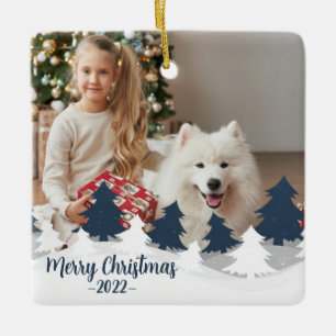 Blue and White Two Photo Christmas Trees  Ceramic Ornament