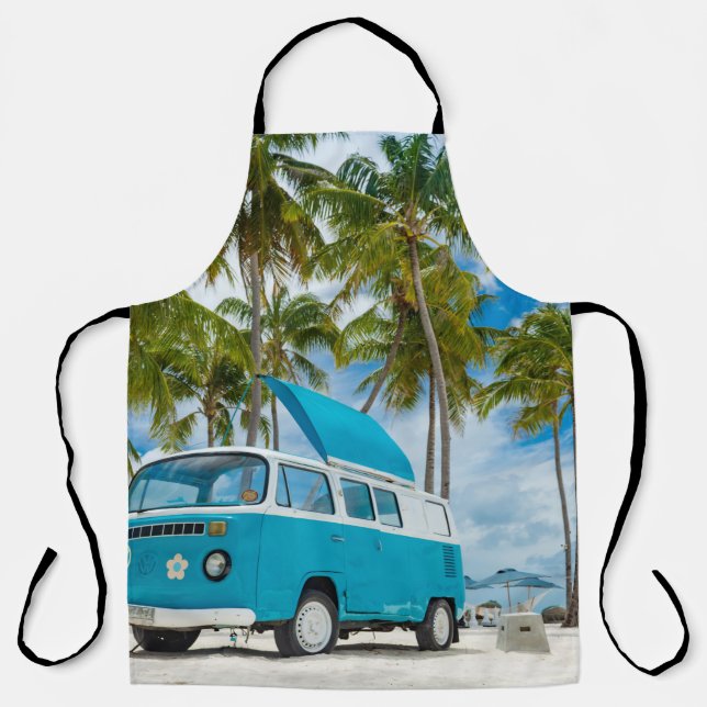 Blue and white van on beach apron (Front)