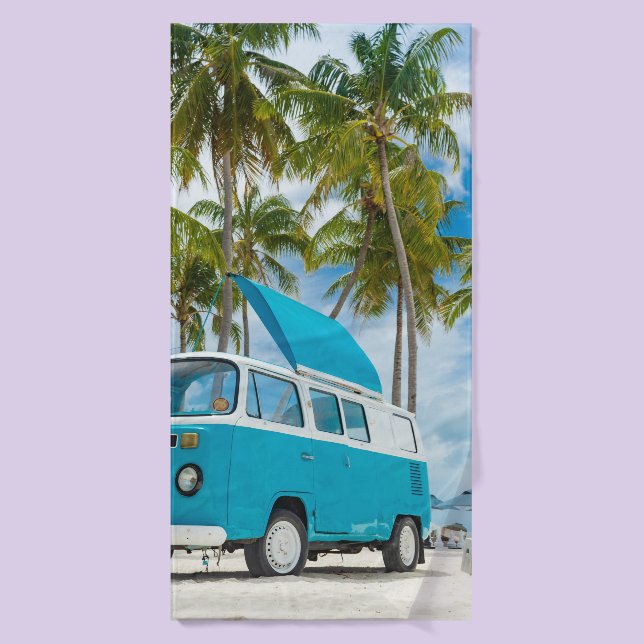 Blue and white van on beach bath towel (Bath Towel)