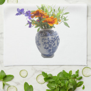 blue and white vase of flowers tea towel