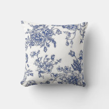 Blue and white vintage floral accent pillow