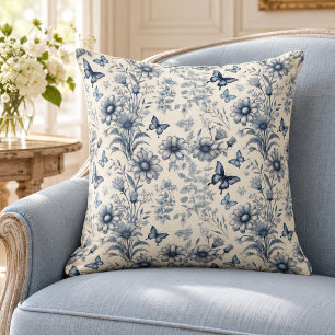 Blue and White Vintage Floral and Butterfly Cushion