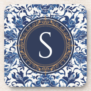Blue and White Vintage Floral Chinoiserie Monogram Coaster