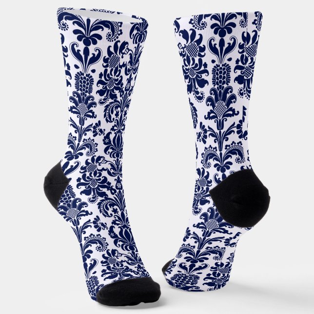 Blue and white vintage floral damasks pattern socks (Angled)