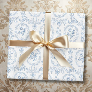 Blue and White Vintage Flowers Floral Pattern Wrapping Paper
