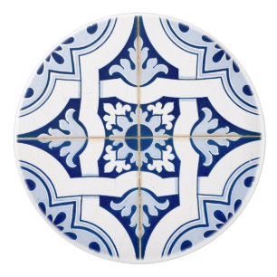 Blue and White Vintage Mediterranean Tile Look Ceramic Knob