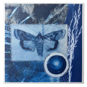 Blue and White Vintage Moth Cyanotype Ceramic Tile