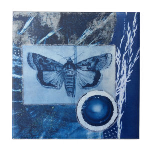 Blue and White Vintage Moth Cyanotype Ceramic Tile