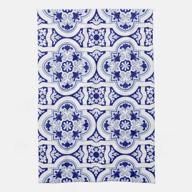 Blue and White Vintage Talavera Tile Look Towel (Vertical)