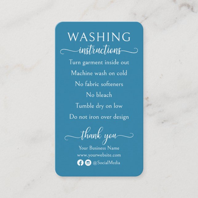 Blue and White Washing Instructions Shirt Care Business Card (Front)
