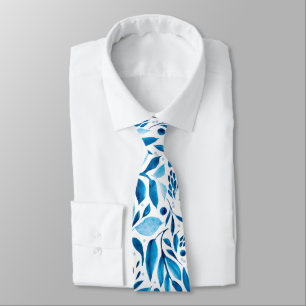 Blue and White Watercolor Botanicals Tie