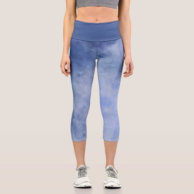 Blue and White Watercolor Capri Leggings (Front)