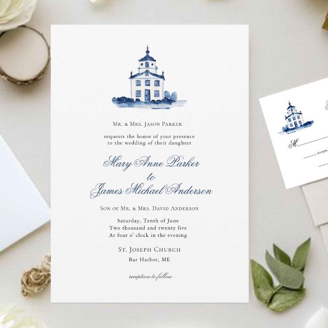 Blue and white watercolor Chapel Christian Wedding Invitation (Creator Uploaded)