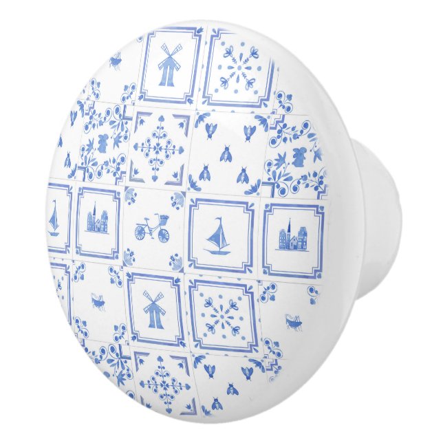 Blue and White Watercolor Delft Tile Pattern Ceramic Knob (Right)