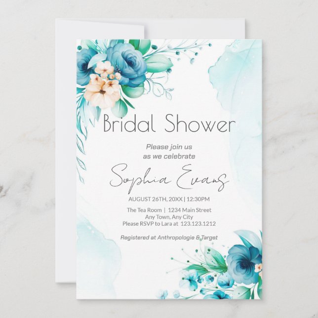 Blue and White Watercolor Floral Bridal Shower Invitation (Front)