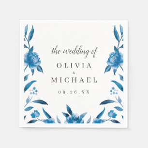 Blue and white watercolor floral thank you wedding napkin
