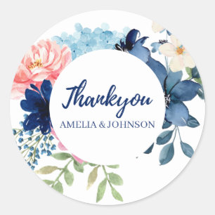 Blue and white watercolor floral wedding classic round sticker