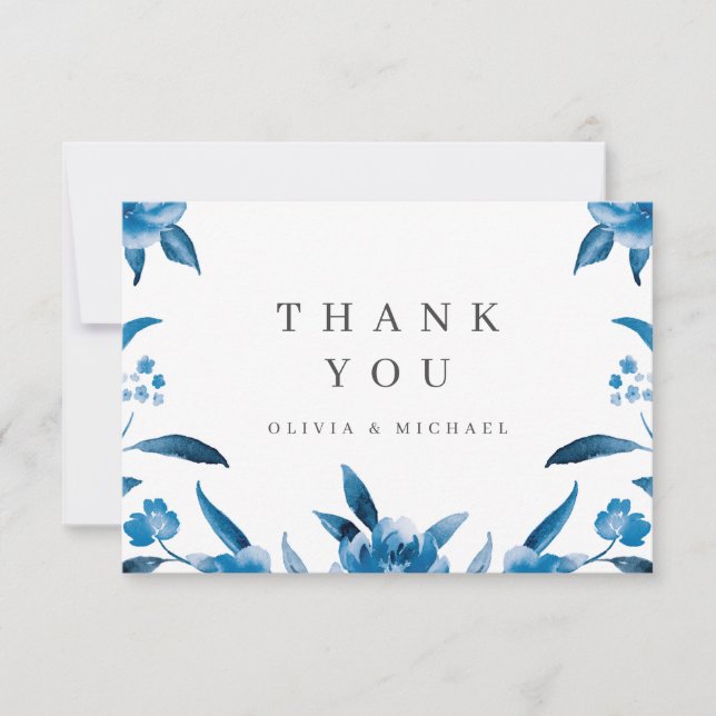 Blue and white watercolor floral wedding thank you (Front)