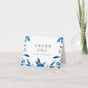 Blue and white watercolor floral wedding thank you card