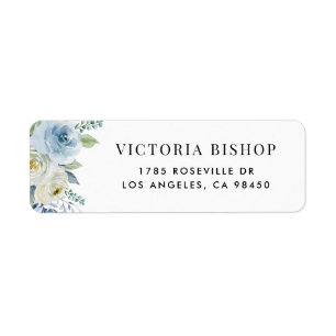 Blue and White Watercolor Flowers and Greenery Return Address Label