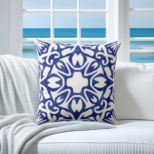 Blue and White Watercolor Fretwork Pattern Cushion