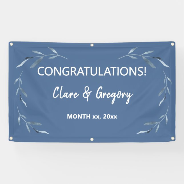Blue and White Watercolor Leaves Wedding Banner (Horizontal)