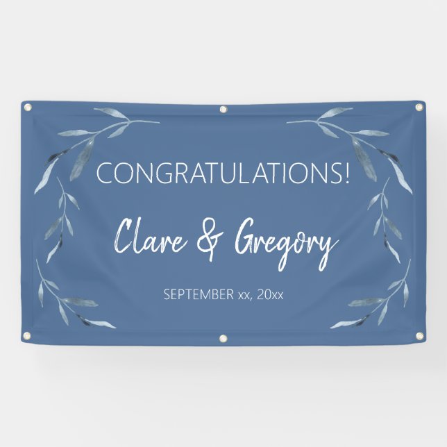 Blue and White Watercolor Leaves Wedding Banner (Horizontal)