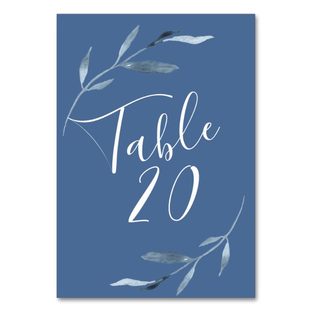 Blue and White Watercolor Leaves Wedding  Table Number (Front)
