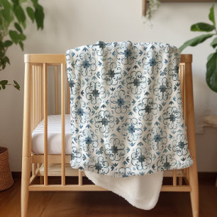 Blue and White Watercolor Moroccan Tile Pattern Sherpa Blanket