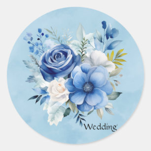 Blue and White Watercolor Peony Floral Wedding Classic Round Sticker