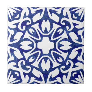Blue and White Watercolor Spanish Pattern Ceramic Tile