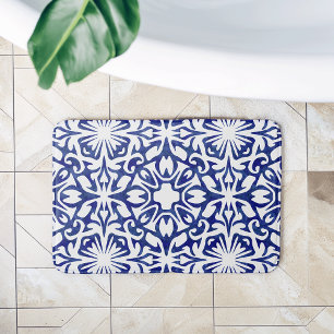 Blue and White Watercolor Spanish Tile Pattern Bath Mat