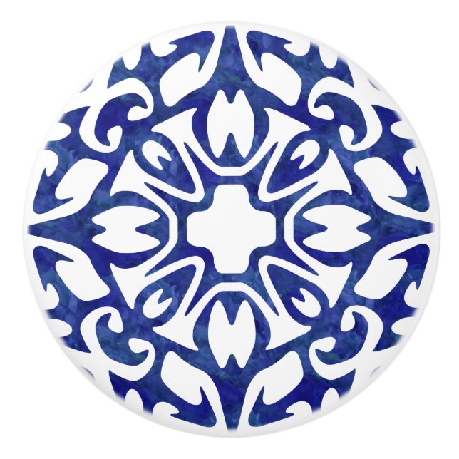 Blue and White Watercolor Spanish Tile Pattern Ceramic Knob (Front)