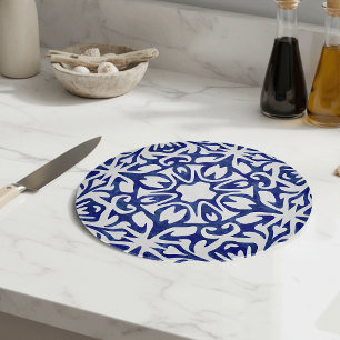 Blue and White Watercolor Spanish Tile Pattern Cutting Board