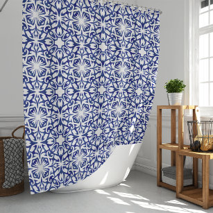 Blue and White Watercolor Spanish Tile Pattern Shower Curtain
