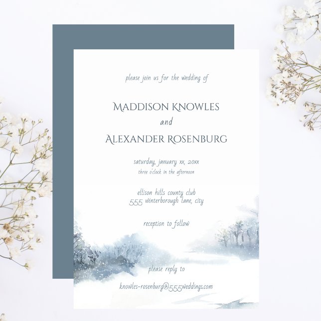 Blue and White Watercolor Wedding With RSVP Invitation (Blue and White Soft Watercolor Wedding Invitation)