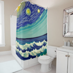 Blue and White Waves Lunar Stars Shower Curtain
