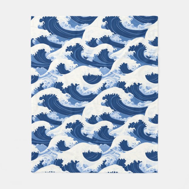 Blue and white Waves Nautical pattern Fleece Blanket (Front)